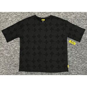 Rhyme Mens Black Embossed Fleur-De-Lis Cross Streetwear T-Shirt Size Medium